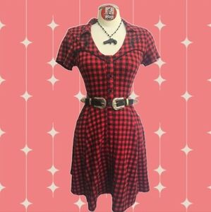 ✨️Sourpuss "Gunslinger" Buffalo Plaid Shirt Dress With Embroidered Pistols - L